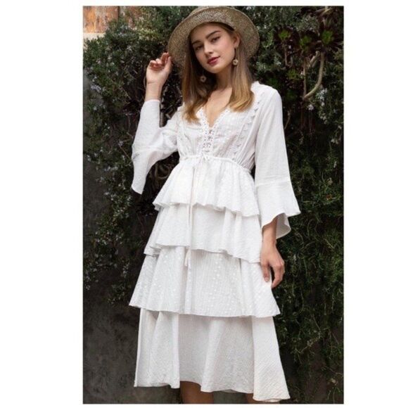 WHITE Woven Dress w/ ruffle layer & flare sleeves - Picture 6 of 9